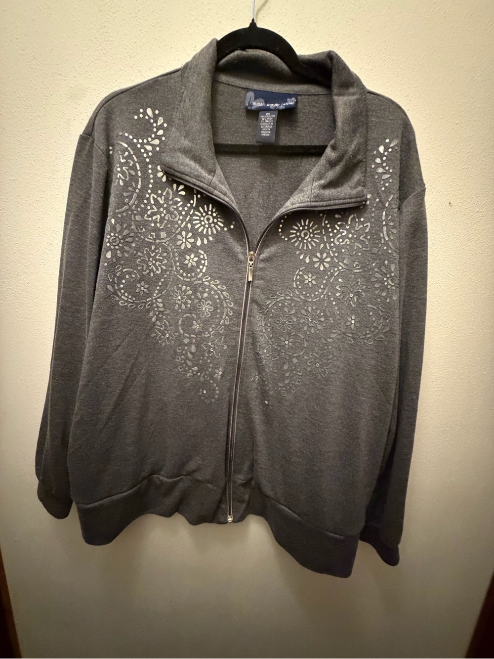 Susan Graver Charcoal Gray Floral-Embellished Zip Bomber Jacket